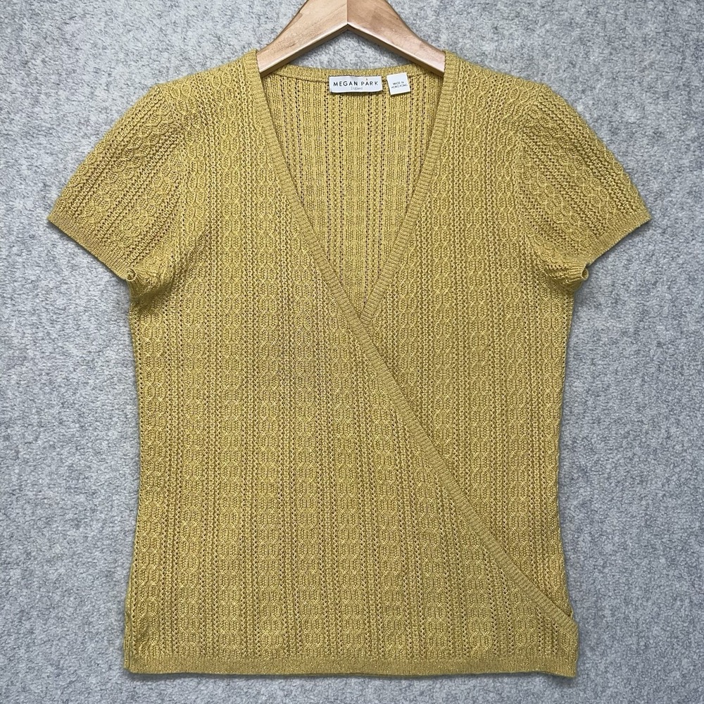 Megan‎ Park Womens Wrap Sweater Top Mustard Yellow Short Sleeve Knit Boho 1